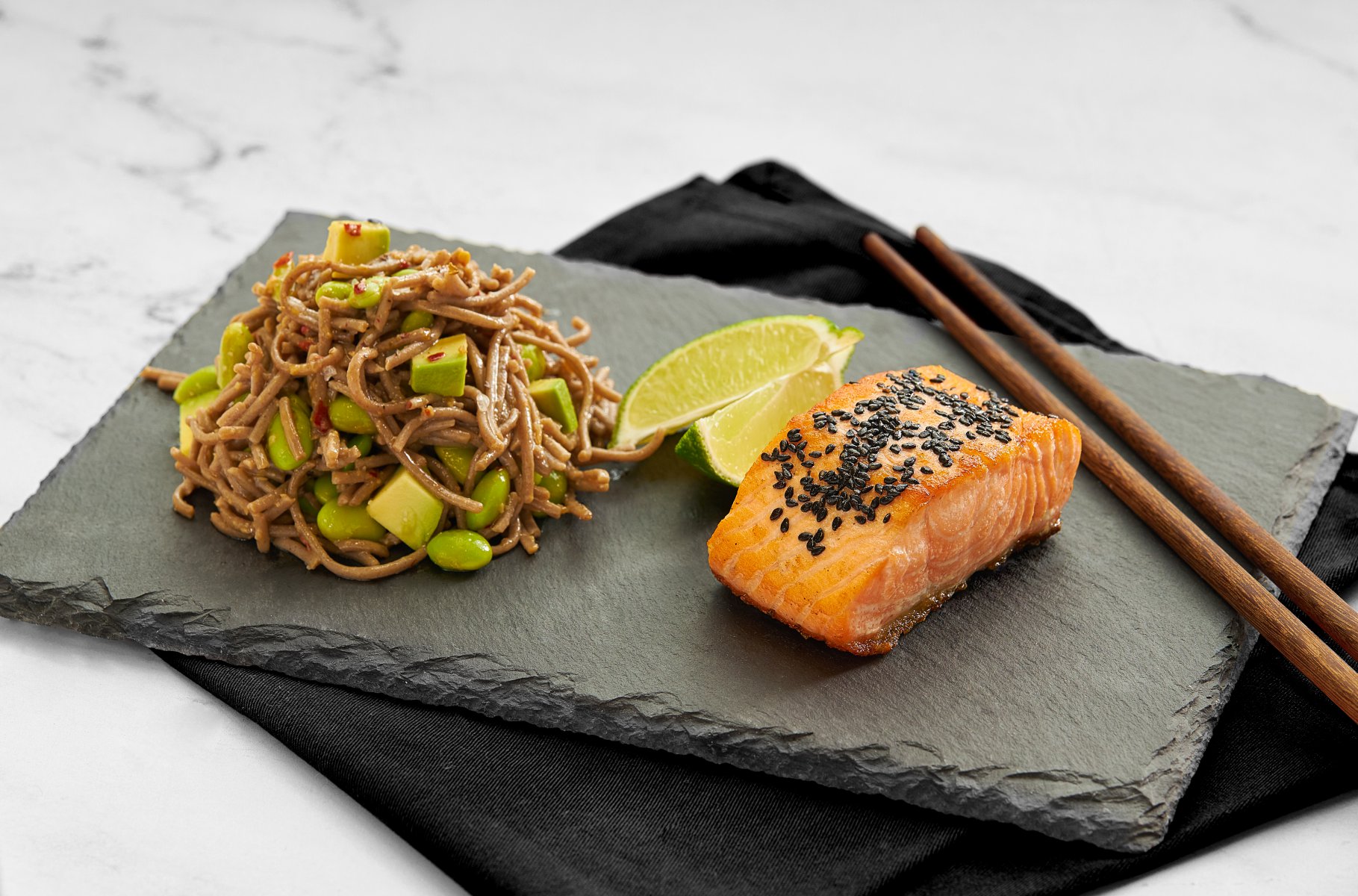 Saku Salmon Sesame with Ginger & Spicy Miso Dressing and Green Tea Soba Noodles Saku Salmon Sesame with Ginger & Spicy Miso Dressing and Green Tea Soba Noodles